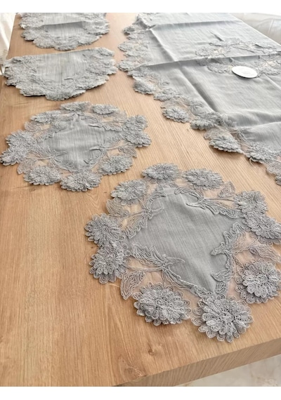 Salon Takımı Çeyizlik Gri Runner Set 5 Parça Keten Masa Örtüsü Runneri Flowers Çok Renkli