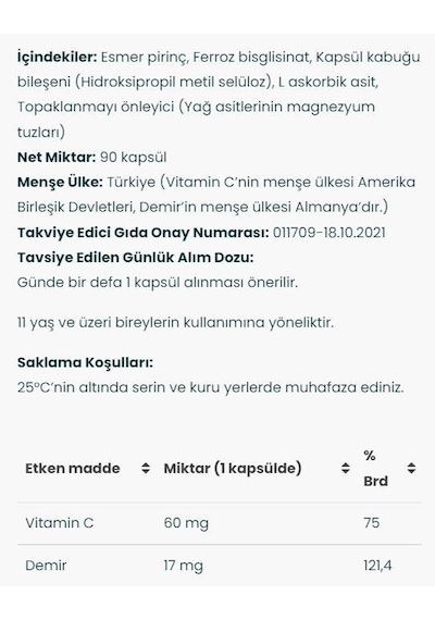 Venatura Demir Bisgilisinat Vitamin C 90 Kapsül