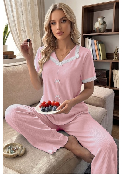 Bella Notte Pembe Dantel Yaka Fiyonk Detaylı Kısa Kollu Kadın Pijama Takımı Çok Renkli