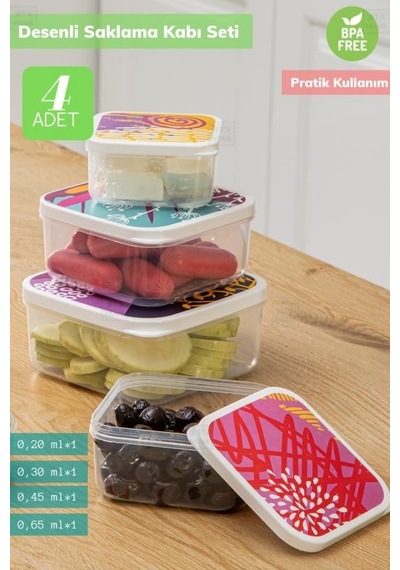 4 Lü Desenli Saklabı Kabı Seti Erzak Kabı Buzdolabı Kabı Kare Bpa Free Şeffaf