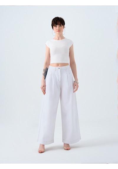 Pleated Palazzo Palazzo Fıt Kadın Pantolon Denim