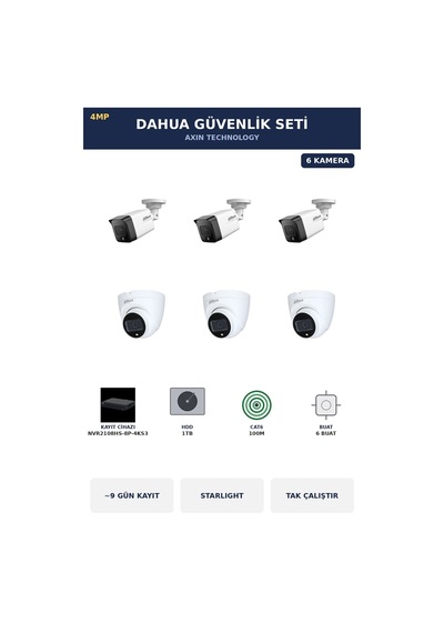 Dahua 6 Kameralı 4mp Güvenlik Kamera Seti 4mp Ip Poe Starlight Dome+bullet 1tb 9 Gün Kayıt