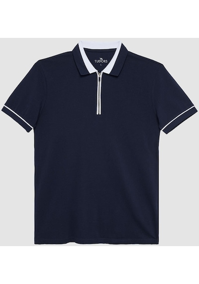 Tudors Erkek Slim Fit Dar Kesim %100 Pamuk Düz Pike Fermuarlı Lacivert Polo Yaka Tişört-31109-lacivert Lacivert