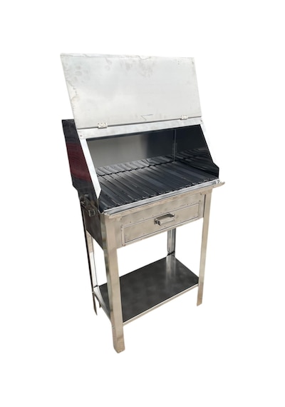 Paslanmaz Kömürlü Mangal Çekmeceli 28 X 50 Cm Kalın Oluklu Lama Izgaralı Gri