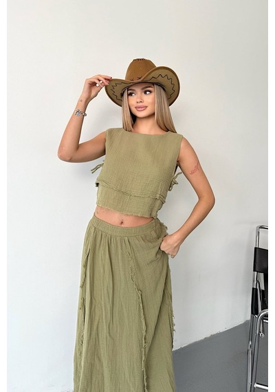 Jee Lee Kadın Etek Bluz %100 Pamuklu İkili Takım Yeşil - 26y 6031 Yeşil