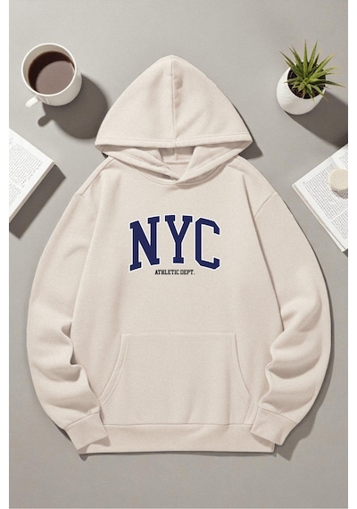 Uyguntarz Unisex Nyc Tasarım Baskılı Kapüşonlu Sweatshirt Bej