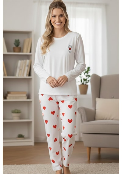 Siyah İnci Kadin Ekose Merry Christmas Baskılı Yılbaşı Temalı Örme Pijama Takım 7970 Kırmızı Kalp