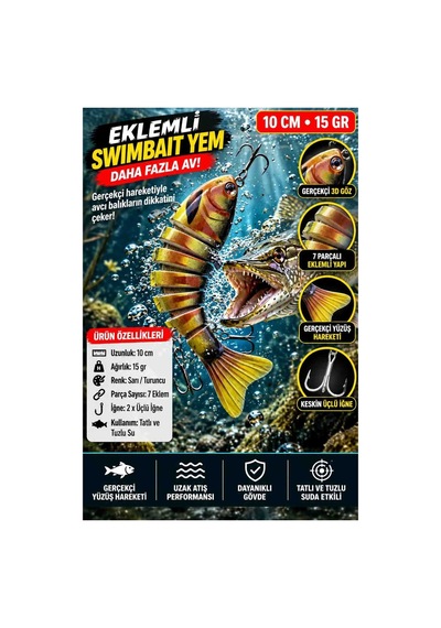 7 Parçalı Eklemli Swimbait 10 Cm 15 Gr Yüzüşlü 3d Gözlü Sarı Turuncu At Çek Avcı Balık Yemi