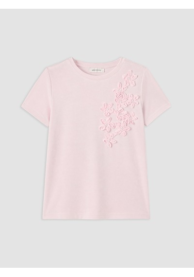 Lcw Everyday Pembe Bisiklet Yaka Nakışlı Kadın Tişört