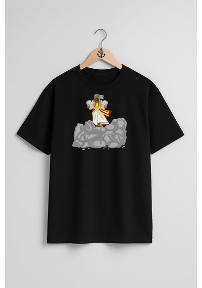 Oversize İncil Hikayesi Mısır Vebaları Jonah Shavuot Göğüs Tasarımlı Unisex T-shirt Siyah