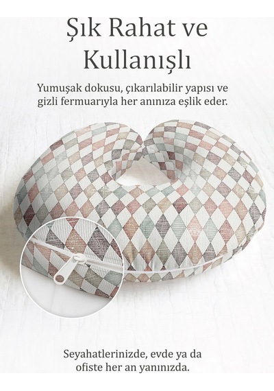 Harlequin Desenli Pamuklu Boyun Yastığı - Pastel Tonlar Krem Mint Yetişkin Seyahat Yastığı Açık Adaçayı Aqua