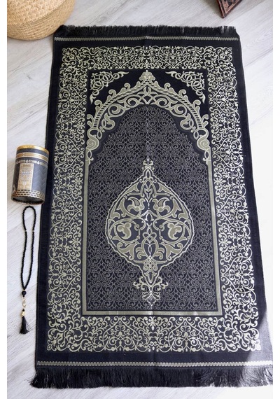 Silindir Kutulu Seccade Ve Tesbih Seti S1040 Kabe Desenli Siyah-beyaz