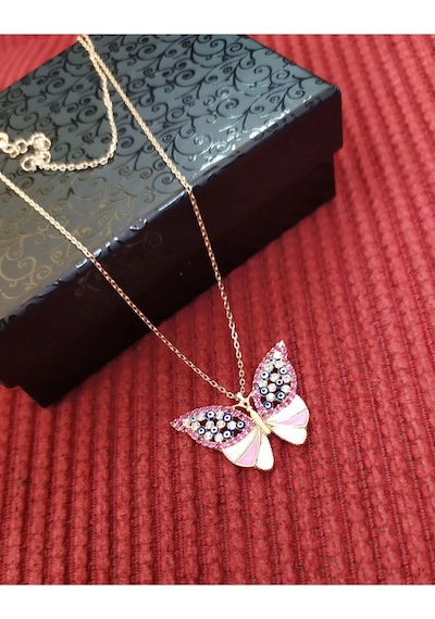 Modahilye - 925 Ayar Gümüş Pembe Kelebek Nazar Boncuklu Rozegold Renk Kolye Rose Gold