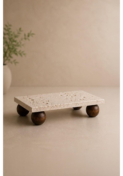 Dikdörtgen Akasya Top Ayaklı Traverten Sunumluk Sunum Tabağı 12x24 Cm Bej