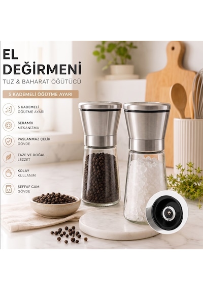 Seramik Öğütücülü 5 Kademeli Tuz Ve Karabiber Değirmeni 200 Ml Şeffaf Cam Hazne 18 Cm 2'li Set Renksiz/şeffaf