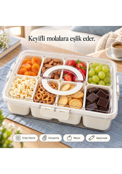 Tilbe Home 8 Bölmeli Taşınabilir Kilit Kapaklı Saklama Kabı Kahvaltılık Organizer Piknik Seti Gıda K Beyaz