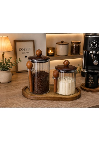 2'li Akasya Kapaklı Kaşıklı Cam Kavanoz Seti Akasya Standlı 650ml,1000ml Şeffaf