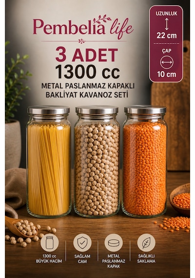 3 Adet 1300cc Metal Vakum Kapaklı Cam Bakliyat Baharat Saklama Kavanoz Seti Gri Gri