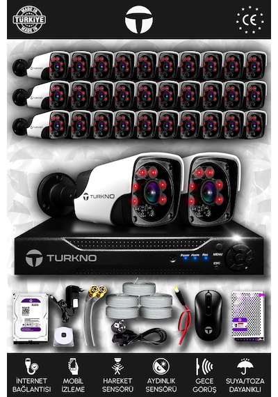 Turkno 32 Kameralı Pania 32 Dış Kamera Set 2 TB HDD Full HD Gece Görüşlü Güvenlik Kamerası Sistemi