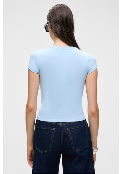 Grimelange HOPEWELL Kadın Yuvarlak Yaka Örme Slim Fit Mavi T-Shirt