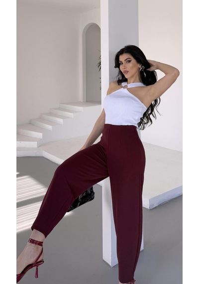 Paw Garage Kadın Bernis Bordo Balon Pantolon, Beli Lastikli Şalvar Model Krep Balon Pantolon Basen Gizleyen Bordo