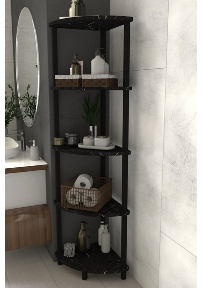 Decoline Banyo Rafı 5 Katlı Moblen Modern Organizer Depolama Ünitesi-beyaz Siyah Mermer Desen