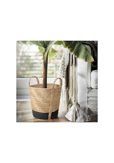 Rattan Saksı, Bej-siyah, 24 Cm, İç Mekan