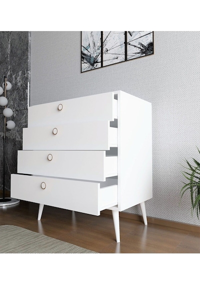 Floradesign Zen Şifonyer / Çok Amaçlı Dolap/ Çekmeceli Şifonyer / Kapaklı Şifonyer / 4 Çekmeceli Şifonyer 80cm Beyaz