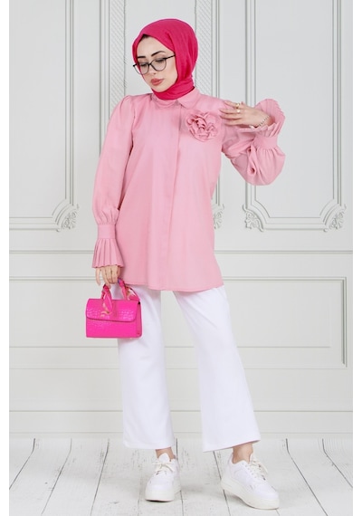Sevitli Gül Broşlu Kolu Fırfırlı Tunik-pembe-3610-pembe Pembe