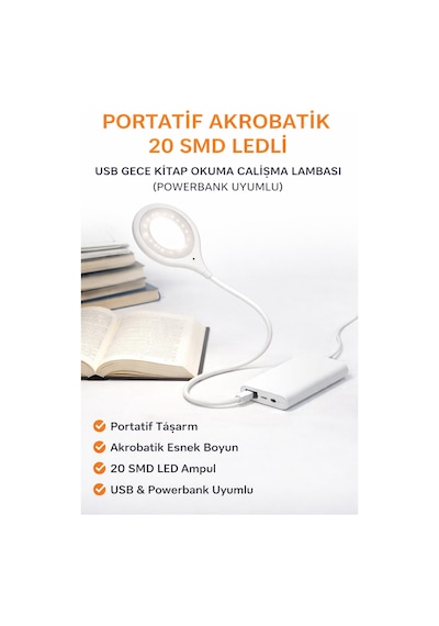 Ecuy Portatif Akrobatik Usb Led Okuma Ve Çalışma Lambası 20 Smd Led Powerbank Uyumlu 5000k Doğal Işık Beyaz