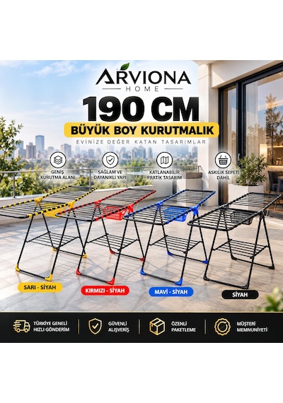 Arvıona 190 Cm Kanatlı Çamaşır Kurutmalığı Mandal Sepetli Metal Siyah