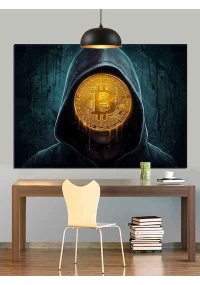 Bitcoin Sembolü Kapüşonlu Gizem Dekoratif Kanvas - Mdf Ahşap Tablo