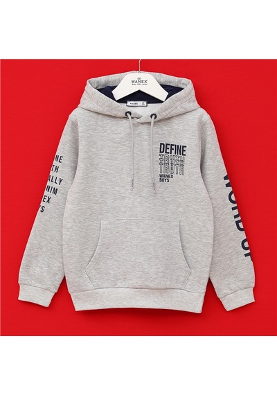 Wanex Erkek Çocuk Uzun Kol Kalın Kapüşonlu Sweatshirt - 16004 Gri Melanj