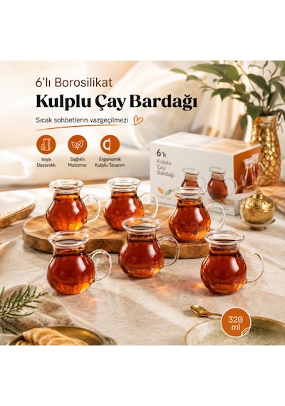 Porsima Keyf-i Ala 6'lı Borosilikat Cam Kulplu Çay Bardağı Seti - Isıya Dayanıklı Şeffaf Cam 320 Ml
