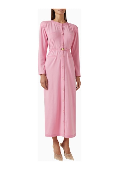 Rowen Rose Belted Cardigan Dress, Lüks Örgü Kumaşlı Kuşaklı Şık Triko Elbise Abiye Pembe 36