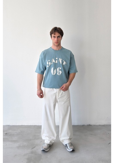 Flaw Saint Nakışlı Oversize Tişört-29519 Mavi