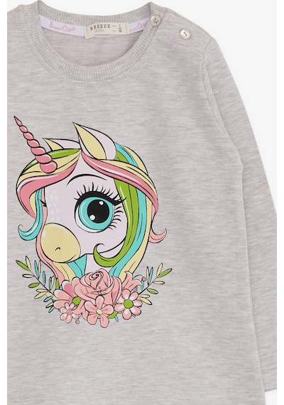 Breeze Kız Çocuk Uzun Kollu Tişört Unicorn Baskılı 1.5-5 Yaş, Bej Melanj