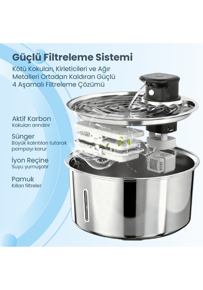 Haustier Wf05 Otomatik Kablosuz Kedi Su Pınarı, Sensörlü , Bataryalı , Ultra Sessiz, Çelik , 3.2lt Hazne