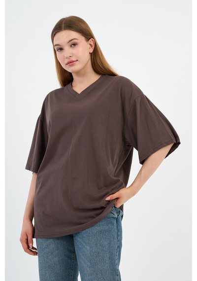 V Yaka Oversize T-shirt E24-742a-wn Kahverengi
