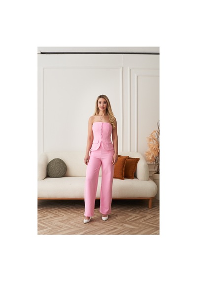 Rabia Çelik Kadın Pembe Önü Düğmeli Straplez Büstiyer Pantolon 2li Takım Elbise Pembe Pembe Rabia Çelik Kadın Pembe Önü Düğmeli Straplez Büstiyer Pantolon 2li Takım Elbise Pembe Pembe