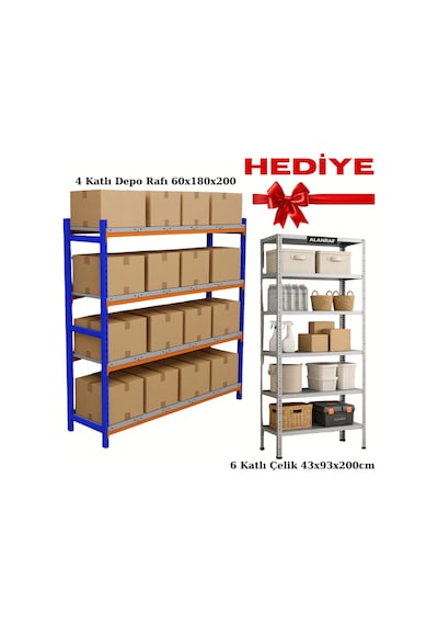 4 Katlı Depo Rafı 60x180x200 Cm Hafif Rack Alana 43x93x200cm Çelik Raf Hediye Gri