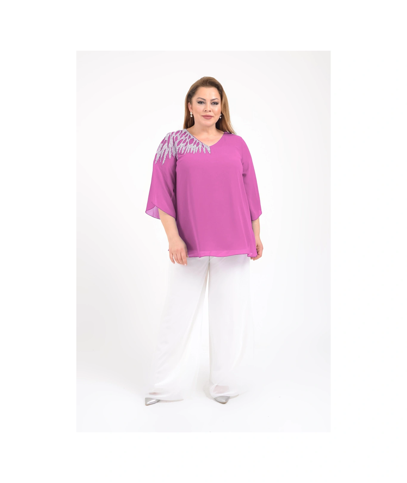 Lilas Xxl Büyük Beden Pembe Renkli Şifon V Yaka Abiye Bluz Pembe
