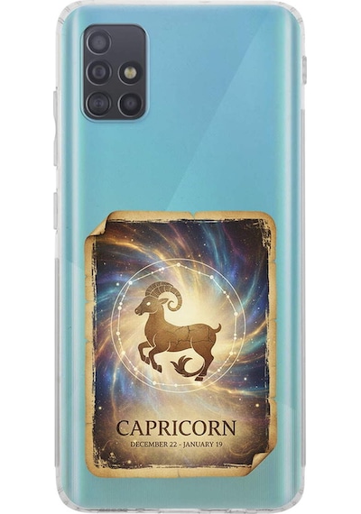 Samsung Galaxy A51 İle Uyumlu Burç Kartları Oğlak Tasarımlı Şeffaf Silikon Kılıf Şeffaf