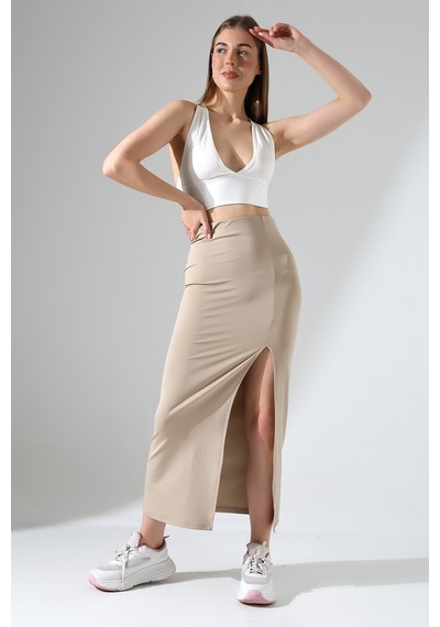 Winmoda34 Kadın Önden Derin Yırtmaçlı Dalgıç Etek Full Likralı Maxi Boy 92 Cm Bej