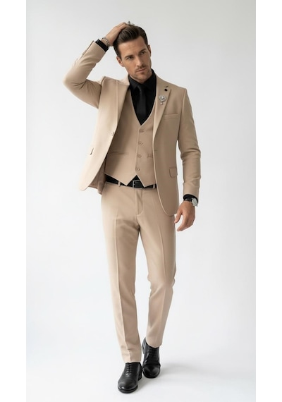 Erkek Klasik Slim Fit Armürlü Kumaş Tek Düğmeli Çift Yırtmaçlı Klasik Yaka Takım Elbise 7 Drop Bej