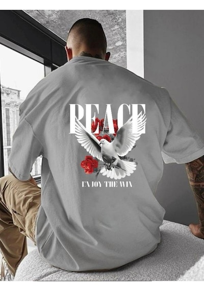 Peace Baskılı Oversize Tişört Gri