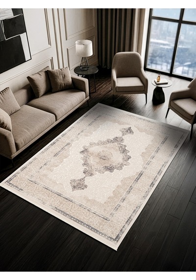 Look Classıc Lk005m Çerçeveli Krem Gri Klasik Desen Akrilik Dokuma Taban Tozuaz Oturma Odası Halısı-1034 Krem - Gri
