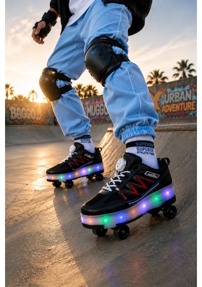 Muggo Skate Çocuk Işıklı Patenli Tekerlekli Sneaker Spor Ayakkabı Siyah - Kırmızı