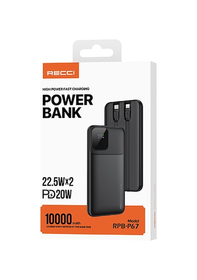 Recci Rpb-p67 Pd 20w Dijital Led Gösterge Type-c Ve Lightning Kablolu Powerbank 22.5w 10000mah Siyah Siyah