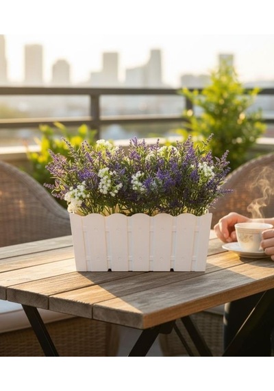 Yapay Çiçek Beyaz Balkon Saksıda Küpeşte Askılı Lavanta Ve Cipso Çiçeği 50cm